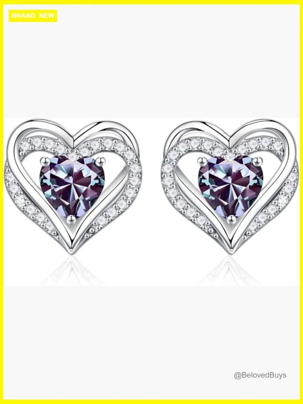 Sterling Silver Heart Stud Earrings with Created Alexandrite Gem